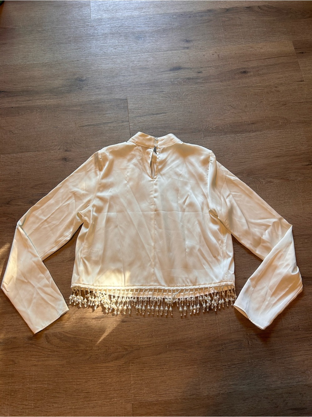 Rachel Zoe Blouse Womens Size S Ivory Mock Neck Long Sleeve Pearl Fringe - Picture 8 of 9